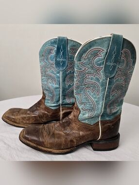 Vtg Cowboy Boot Womens Size 8.5M Dan Post Two Tone Brown Light Aqua Leather Squa